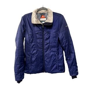 Columbia Womens M Omni Heat $149 Soft Shell Jacket Fur Collar Full Zip Navy Blue